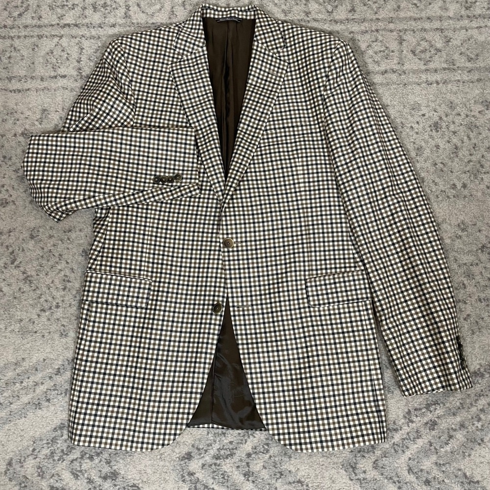 Jack Victor 100% Wool Super 130's Sport Coat 42L Brown Blue Gingham Check Blazer